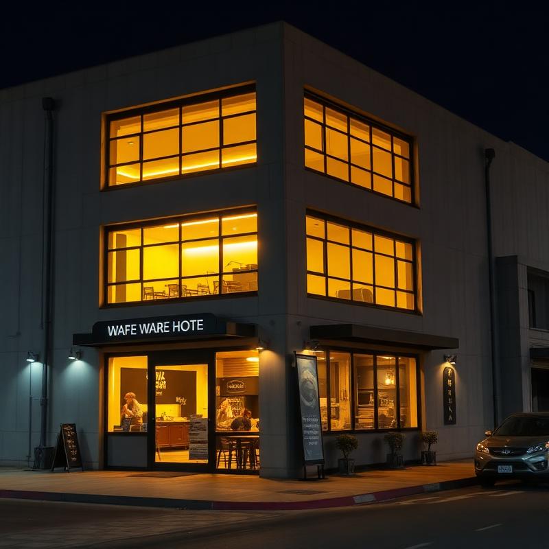 Warehouse café exterior at night